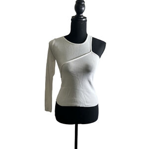 Balboa White Asymmetric One Shoulder Long Sleeve Knit Slim Fit, Size Small